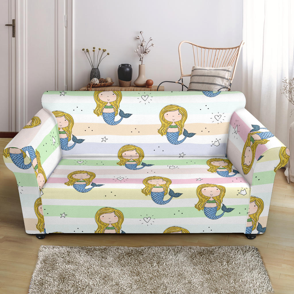 Cute Hand Drawn Mermaid Loveseat Couch Slipcover