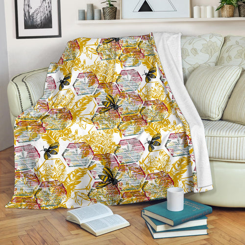 Cool Bee Honeycomb Leaves Pattern Premium Blanket