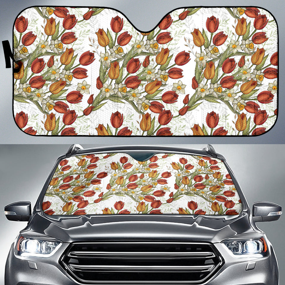 Red Tulips And Daffodils Pattern Car Sun Shade