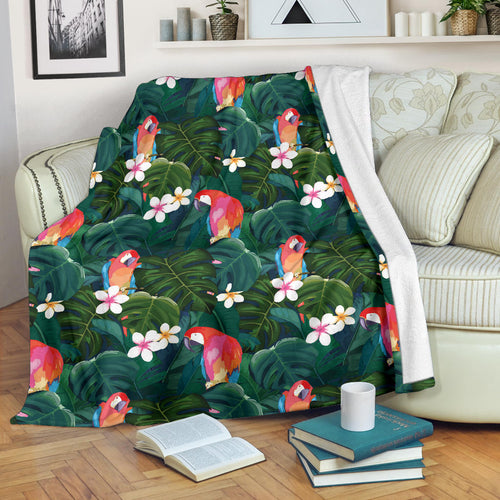 Parrot Palm Tree Leaves Flower Hibiscus Pattern Premium Blanket