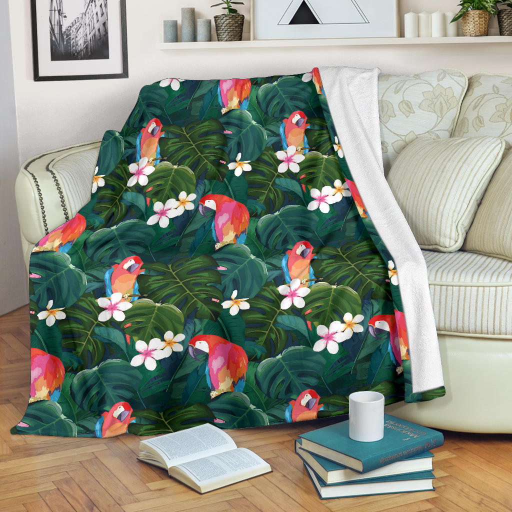 Parrot Palm Tree Leaves Flower Hibiscus Pattern Premium Blanket
