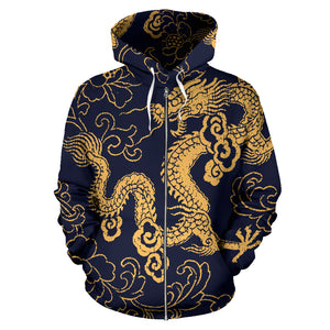 Gold Dragon Pattern Zip Up Hoodie