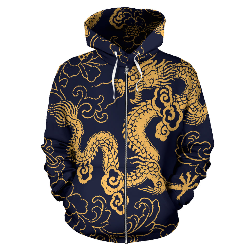 Gold Dragon Pattern Zip Up Hoodie