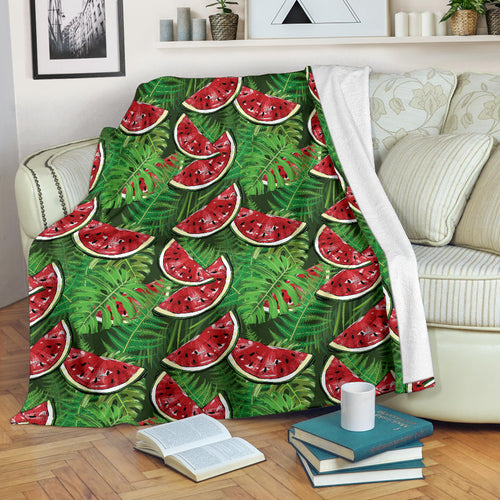 Watermelons Tropical Palm Leaves Pattern Background Premium Blanket