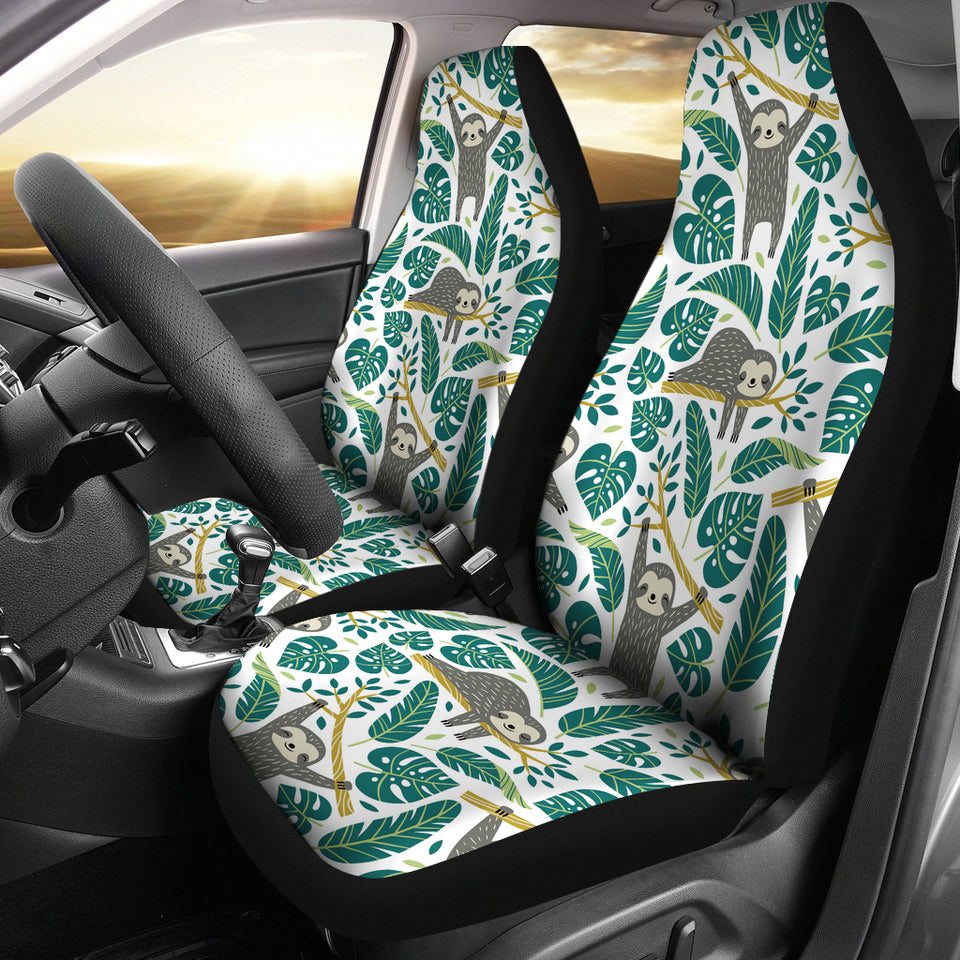 Cute Sloths Tropical Palm Leaves White Background  Universal Fit Car Seat Covers