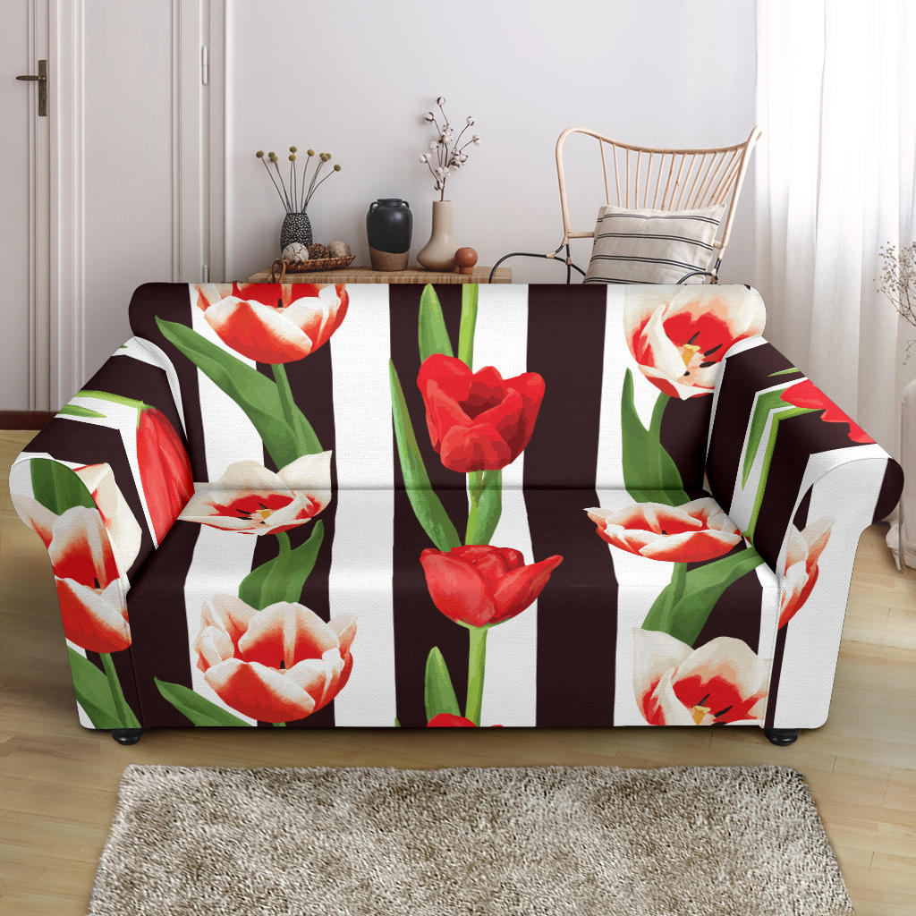 Red And White Tulips Pattern Loveseat Couch Slipcover