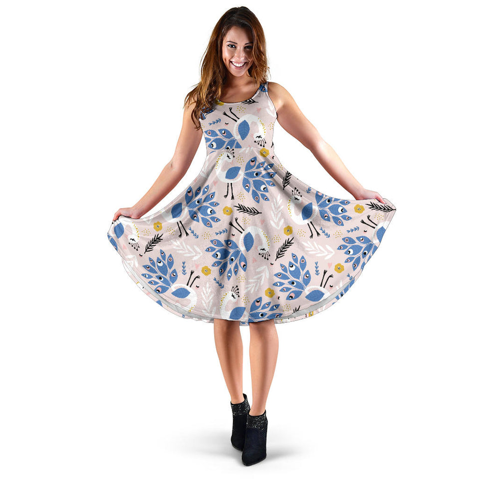 Cute Peacock Pattern Sleeveless Midi Dress
