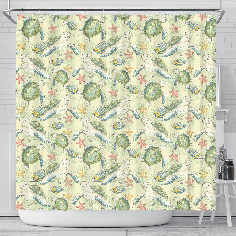 Hand Drawn Sea Turtle Fish Pattern Shower Curtain Fulfilled In US