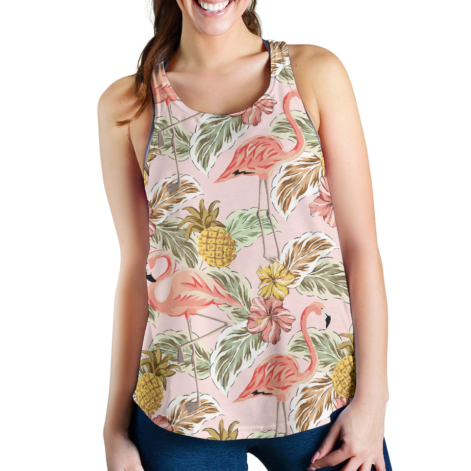 Pink flamingo birds pineapples hibiscus flower pattern Women Racerback Tank Top