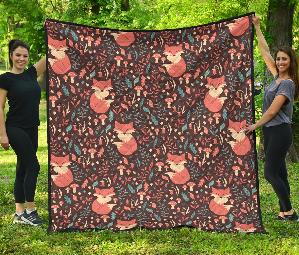 Fox Leaves Mushroom Pattern Premium Quilt