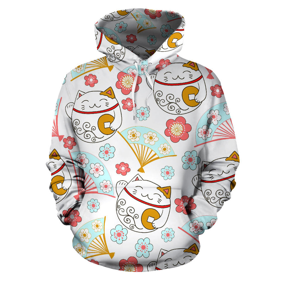 Maneki Neko Lucky Cat Fan Sakura Men Women Pullover Hoodie