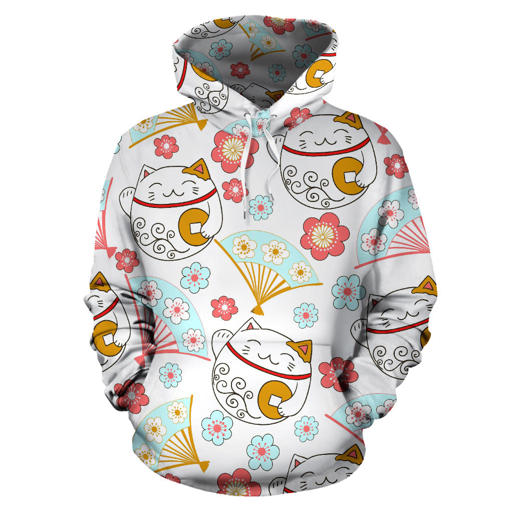 Maneki Neko Lucky Cat Fan Sakura Men Women Pullover Hoodie
