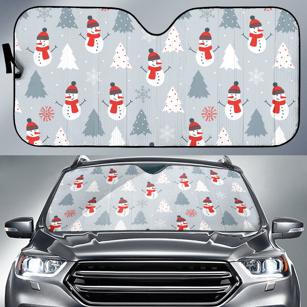 Snowman Christmas  Tree Snow Gray Background Car Sun Shade