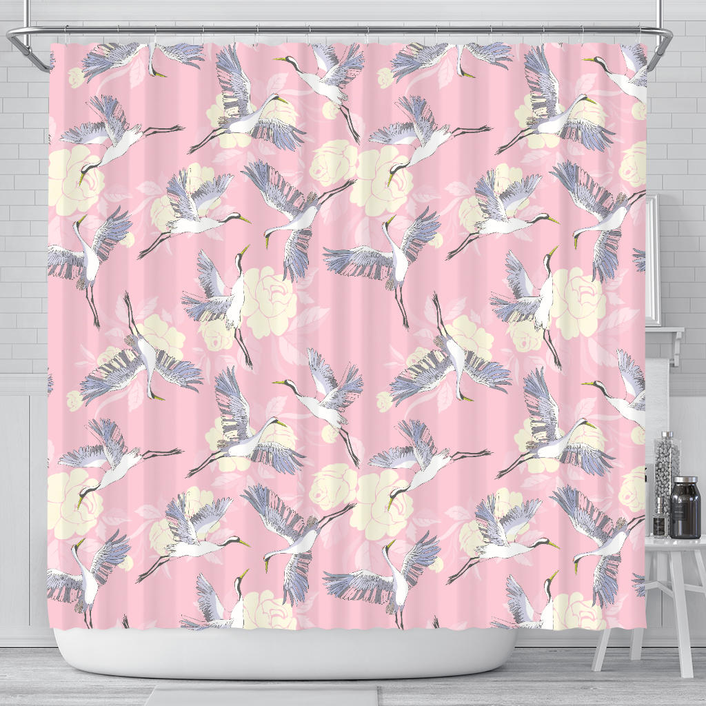 Japanese Crane Rose Pattern Shower Curtain Fulfilled In US