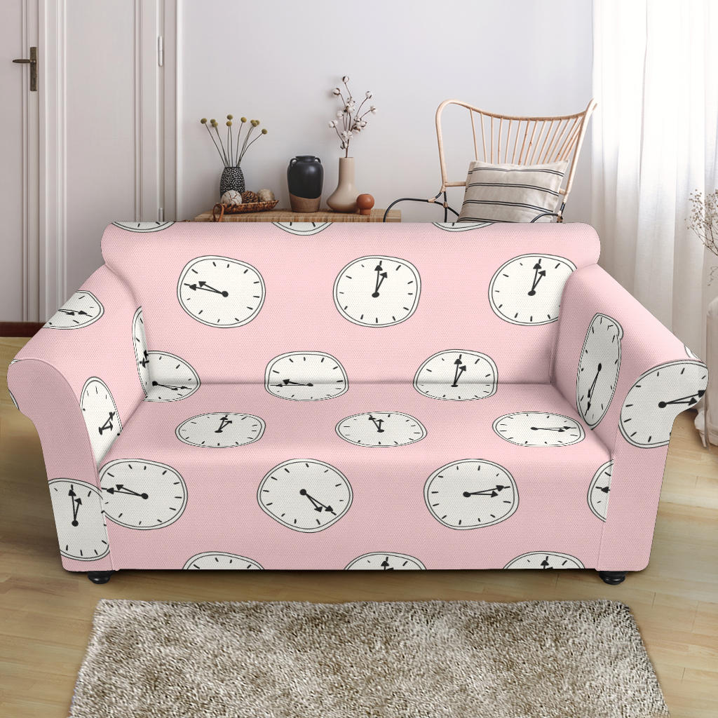 Clock Pattern Pink Blackground Loveseat Couch Slipcover