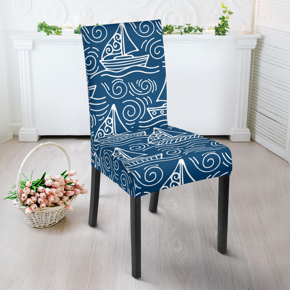 Hand Drawn Sailboat Pattern Dining Chair Slipcover