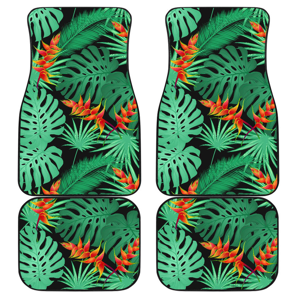 Heliconia Flower Palm Monstera Leaves Black Background Front And Back Car Mats