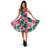 Watermelons Tropical Palm Leaves Pattern Sleeveless Midi Dress