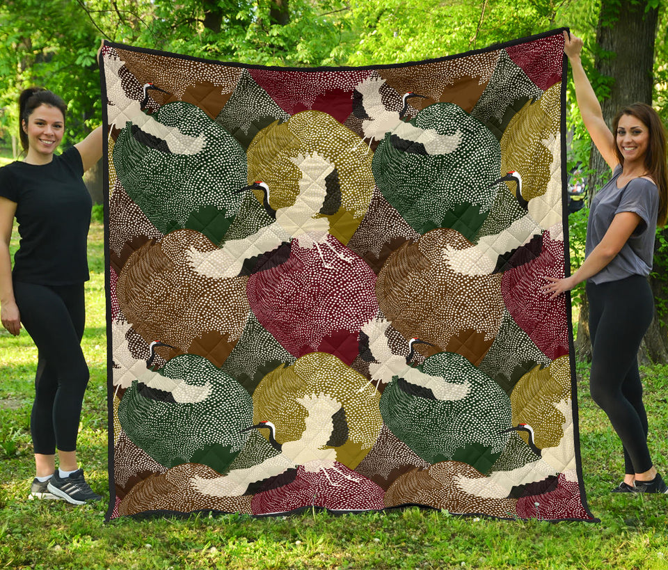 Japanese Cranes Flying Forest Dot Pattern Premium Quilt