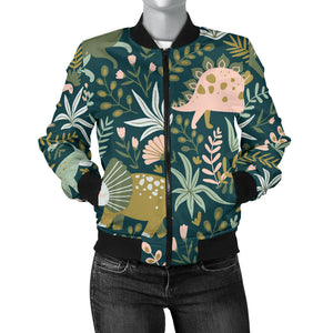 Dinosaurs Tropical Leaves Flower Pattern Women'S Bomber Jacket