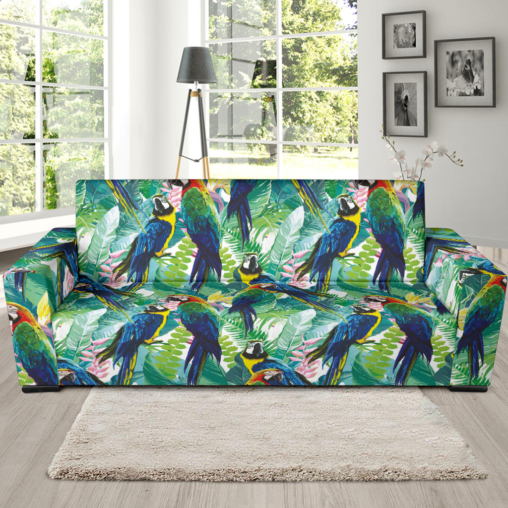 Colorful Parrot Exotic Flower Leaves Sofa Slipcover