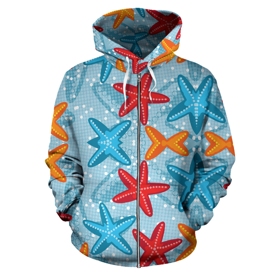 Blue Red Orange Starfish Pattern Zip Up Hoodie