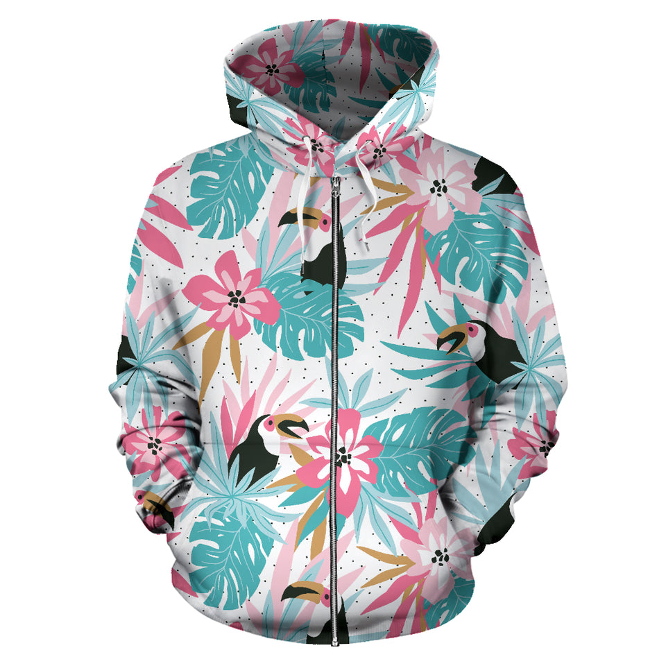 Toucan Tropical Flower Leave Pattern Zip Up Hoodie