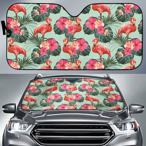 Beautiful Flamingo Tropical Palm Leaves Hibiscus Pateern Background Car Sun Shade