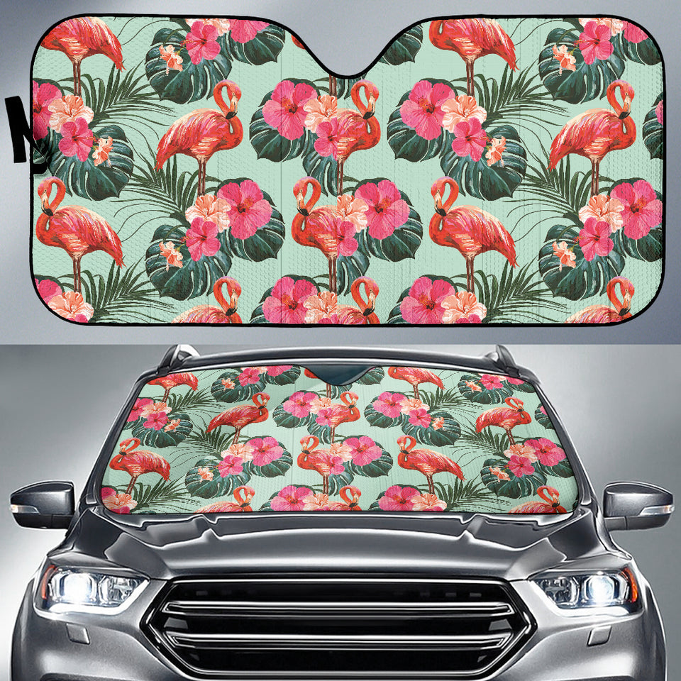 Beautiful Flamingo Tropical Palm Leaves Hibiscus Pateern Background Car Sun Shade