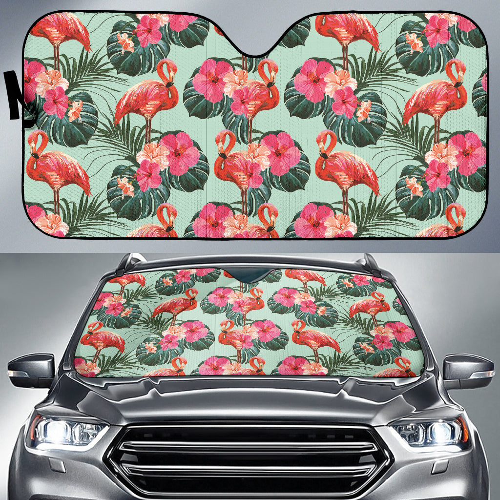 Beautiful Flamingo Tropical Palm Leaves Hibiscus Pateern Background Car Sun Shade