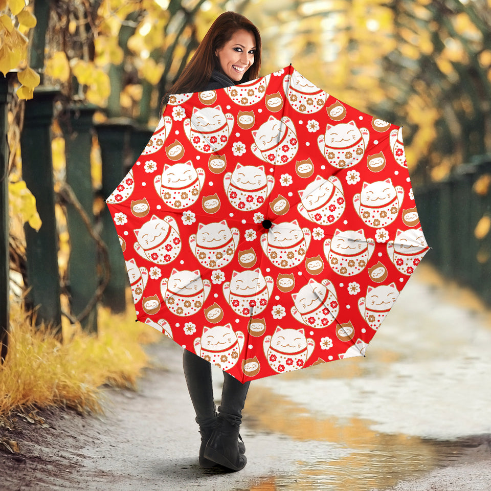 Cute Maneki Neko Cat Red Background Umbrella