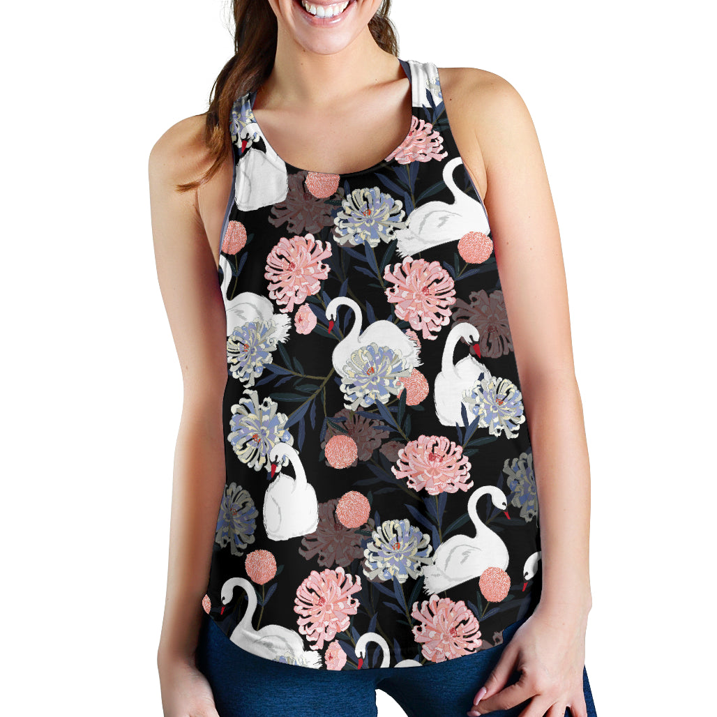white swan blooming flower pattern Women Racerback Tank Top
