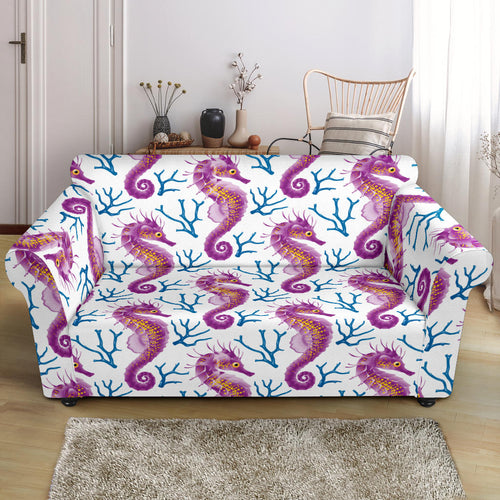 Purple Seahorse Blue Coral Pattern Loveseat Couch Slipcover