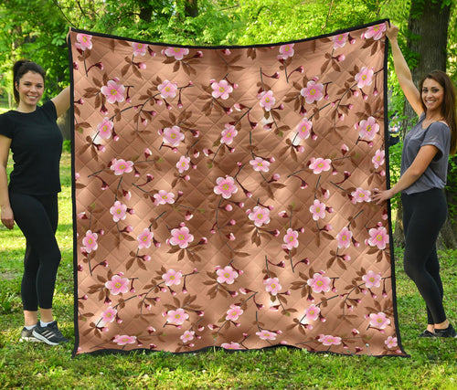Pink Sakura Cherry Blossom Drak Brown Background Premium Quilt