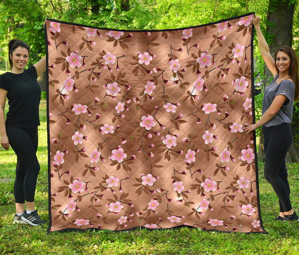 Pink Sakura Cherry Blossom Drak Brown Background Premium Quilt