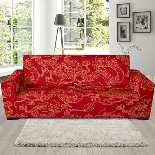 Gold Dragons Red Background Sofa Slipcover