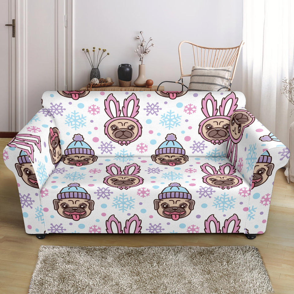 Cute Pug Hat Rabbit Costume Pattern Loveseat Couch Slipcover