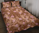 Pink sakura cherry blossom drak brown background Quilt Bed Set