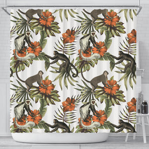 Monkey Red Hibiscus Flower Palm Leaves Floral Pattern Shower Curtain Fulfilled In US