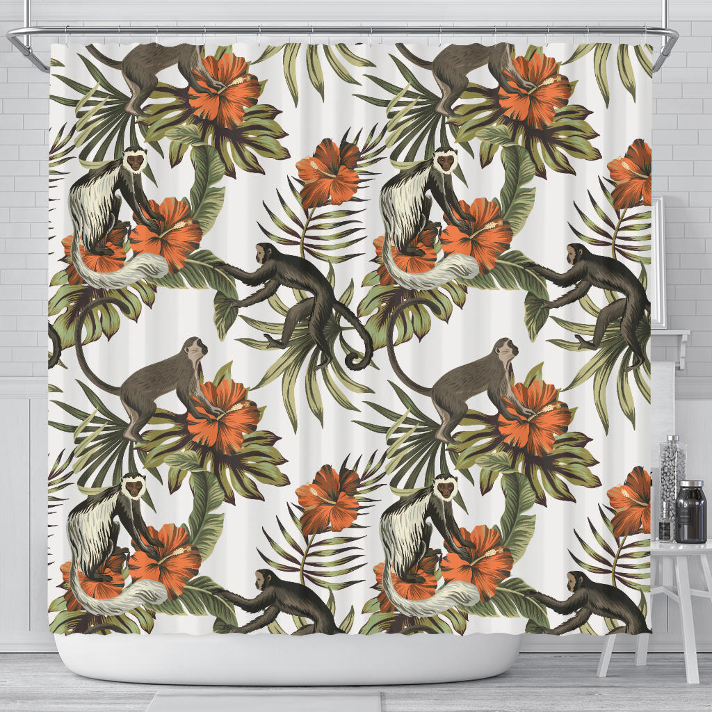 Monkey Red Hibiscus Flower Palm Leaves Floral Pattern Shower Curtain Fulfilled In US