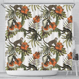 Monkey Red Hibiscus Flower Palm Leaves Floral Pattern Shower Curtain Fulfilled In US