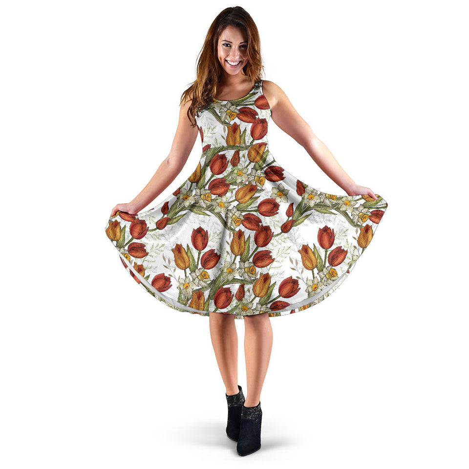 Red Tulips And Daffodils Pattern Sleeveless Midi Dress