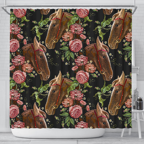 Horse Head Wild Roses Pattern Shower Curtain Fulfilled In US