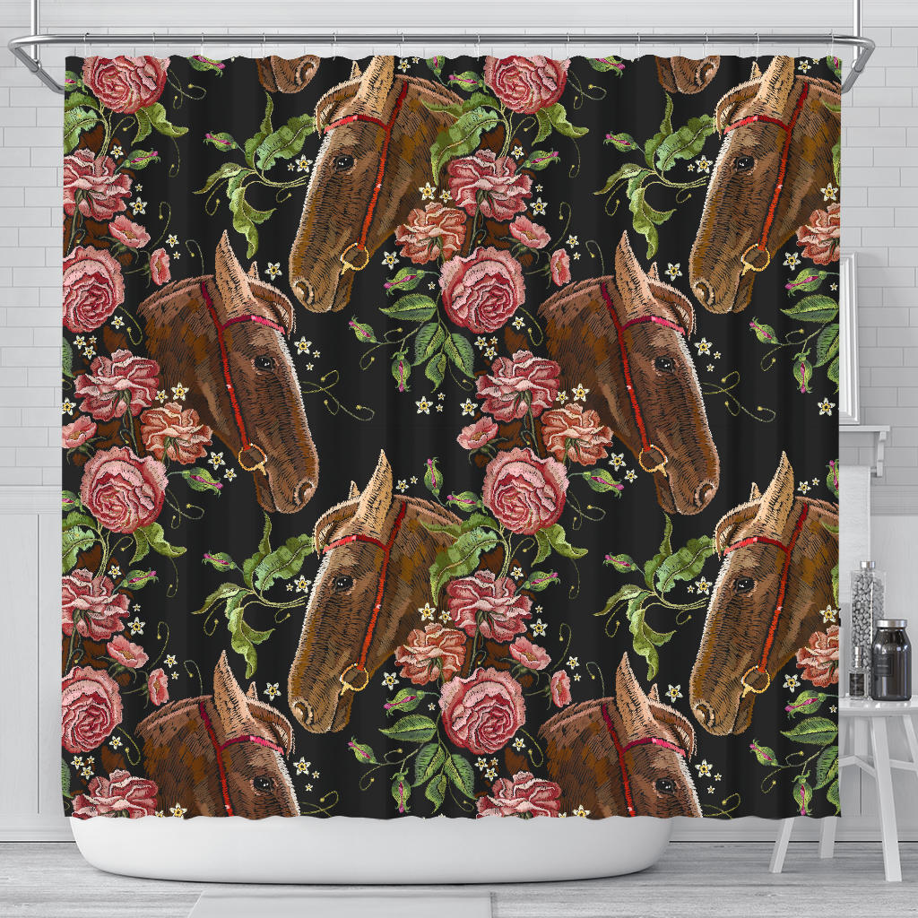 Horse Head Wild Roses Pattern Shower Curtain Fulfilled In US