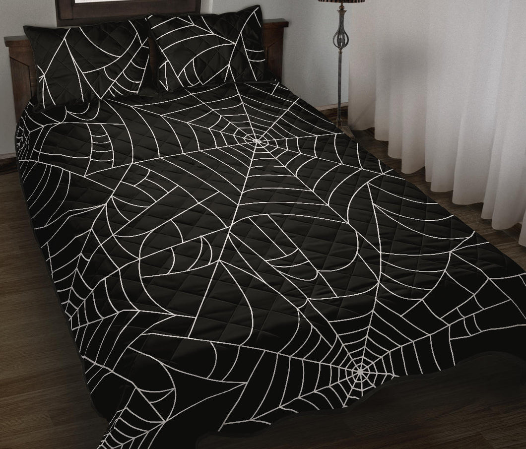 Spider web pattern Black background white cobweb Quilt Bed Set