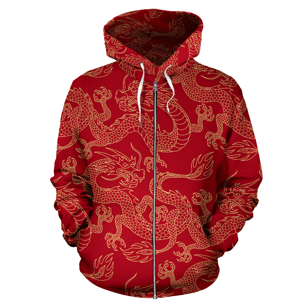 Gold Dragons Red Background Zip Up Hoodie