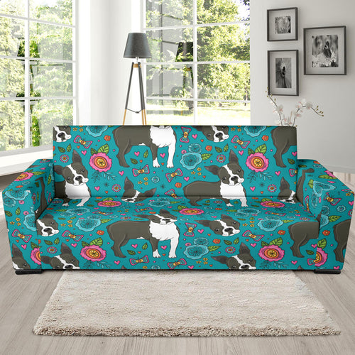 Boston Terrier Beautiful Flower Pattern Sofa Slipcover