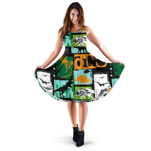 Dinosaurs Print Pattern Sleeveless Midi Dress
