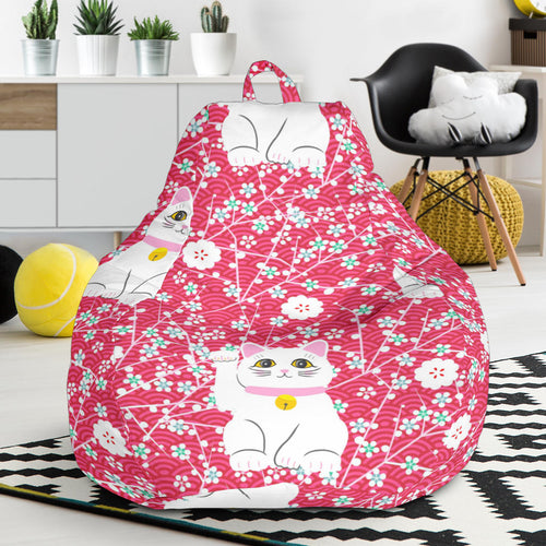 Maneki Neko Lucky Cat Sakura Pink Background Bean Bag Cover