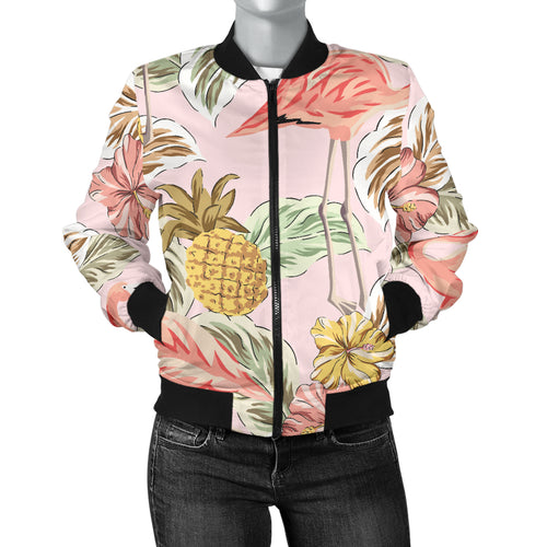 Pink Flamingo Birds Pineapples Hibiscus Flower Pattern Women'S Bomber Jacket
